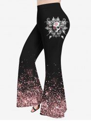 Plus Size Sparkling Sequin Skull Flower Butterfly Print Flare Pants -  