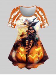Plus Size Pumpkin Hat Witch Ghost Print Halloween T-shirt - L