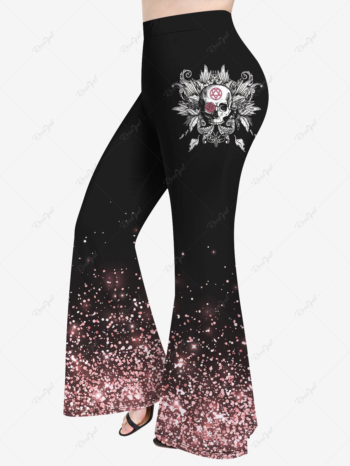 Store Plus Size Sparkling Sequin Skull Flower Butterfly Print Flare Pants  