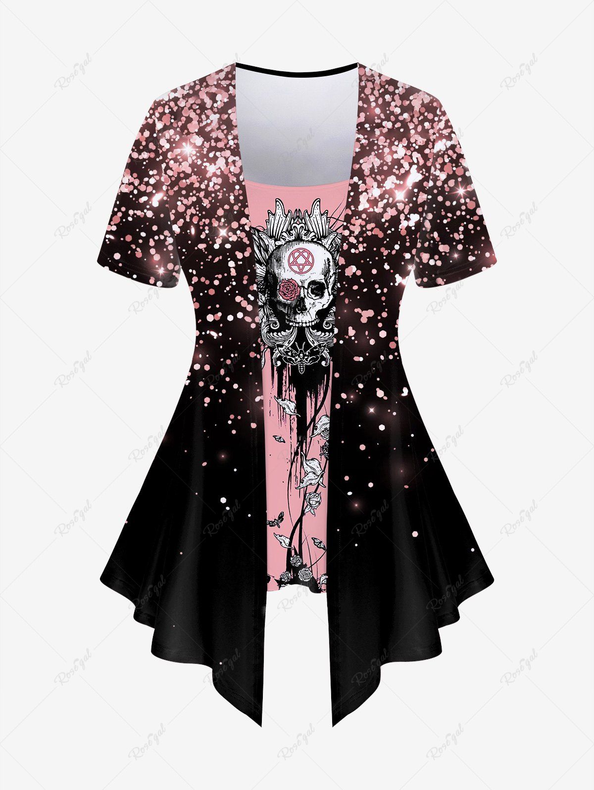 Shops Plus Size Sparkling Sequin Butterfly Skull Flower Print 2 In 1 T-shirt  