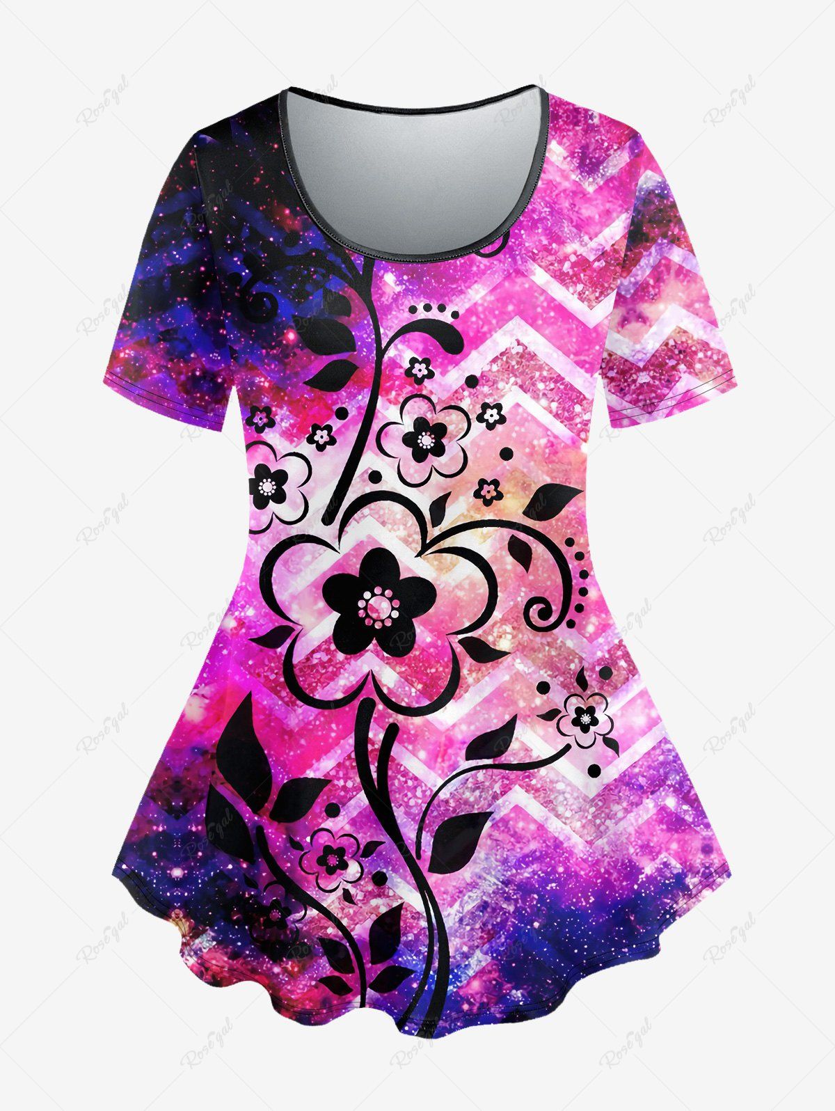 Sale Plus Size Floral Galaxy Sparkling Ombre Print Short Sleeves T-shirt  