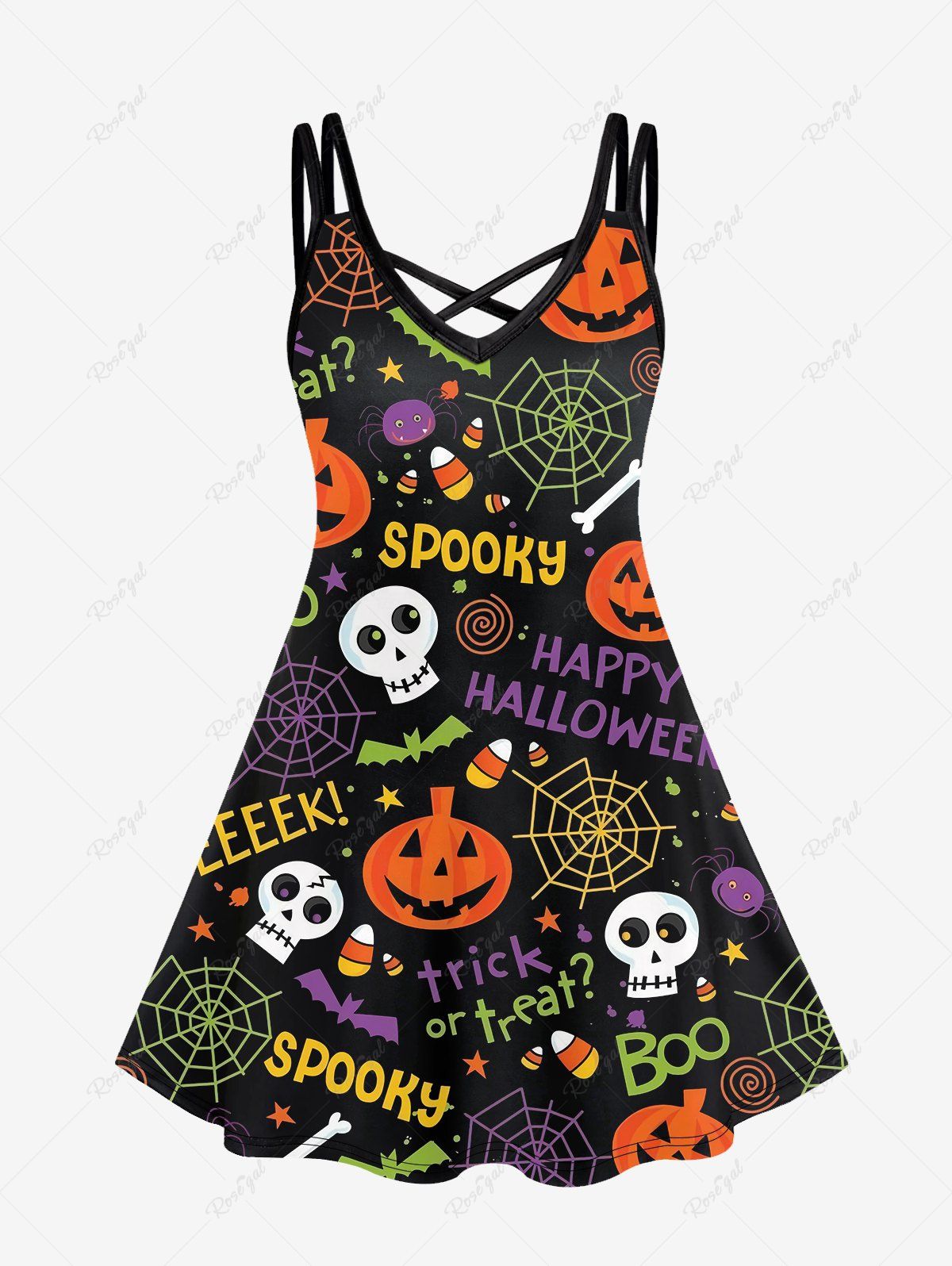 Fashion Plus Size Halloween Pumpkin Spider Web Skull Print Crisscross Cami Dress  