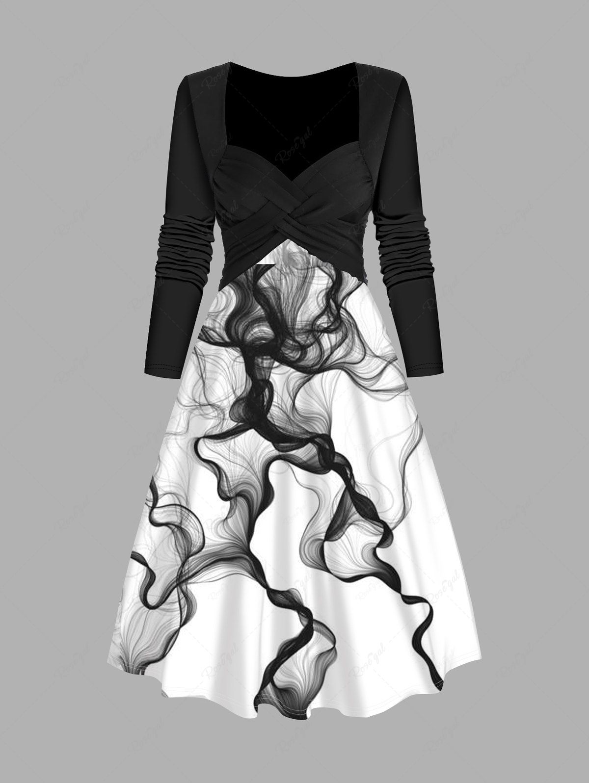 Robe Mi-Longue en Blocs de Couleurs à Imprimé Peinture à L'Encre Blanc M