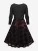 Plus Size Floral Mesh Lace Trim Chain Panel Ruched Dress -  