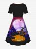 Plus Size Halloween Pumpkin Hat Cat Moon Tree Print Cinched Dress -  