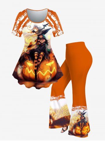 Plus Size Pumpkin Hat Witch Ghost Printed Halloween T-shirt and Flare Pants Outfit - ORANGE