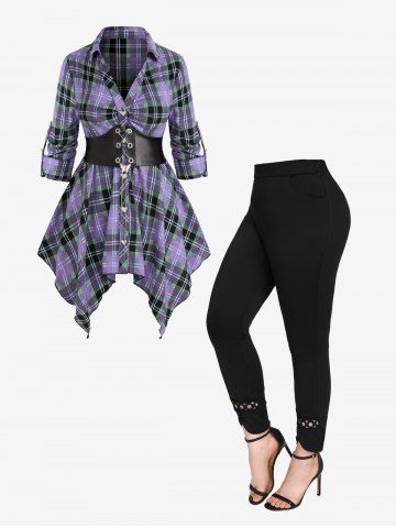 Heart Buttons Butterfly Chains Lace Up Asymmetrical Plaid Blouse and Hollow Out Lace Trim Pockets Leggings Plus Size Outfit - PURPLE