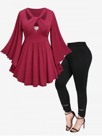 Heart Buckle Crisscross Butterfly Sleeves Blouse and Hollow Out Lace Trim Pockets Leggings Plus Size Outfit - DEEP RED