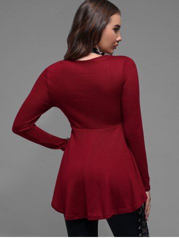 Plus Size Lace Up Grommet Ruffles Colorblock Long Sleeves Tee