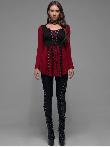 Plus Size Lace Up Grommet Ruffles Colorblock Long Sleeves Tee