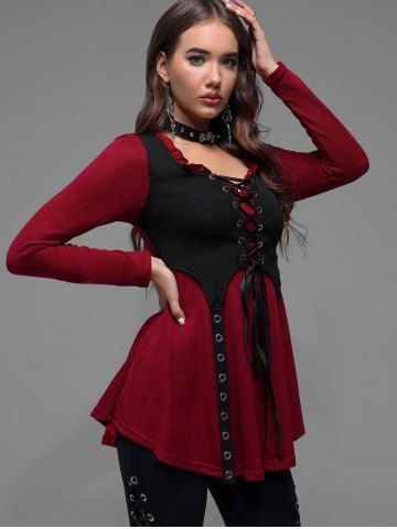 Plus Size Lace Up Grommet Ruffles Colorblock Long Sleeves Tee