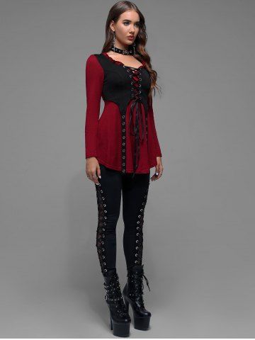 Plus Size Lace Up Grommet Ruffles Colorblock Long Sleeves Tee