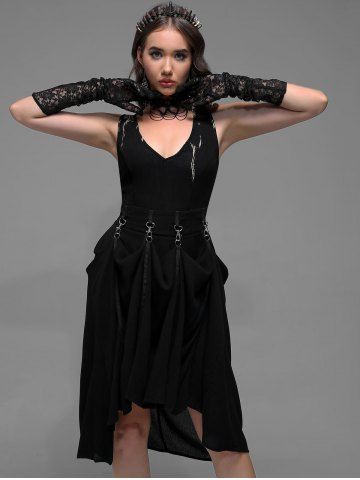Gothic Tie Dye Panel Snap Hook Design Sleeveless Midi Dress - BLACK - 1X | US 14-16