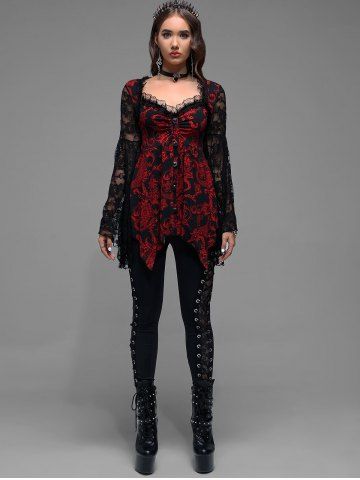 Gothic Paisley Print Floral Lace Heart Buttons T-shirt