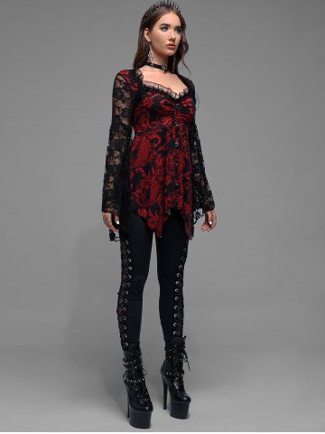 Gothic Paisley Print Floral Lace Heart Buttons T-shirt