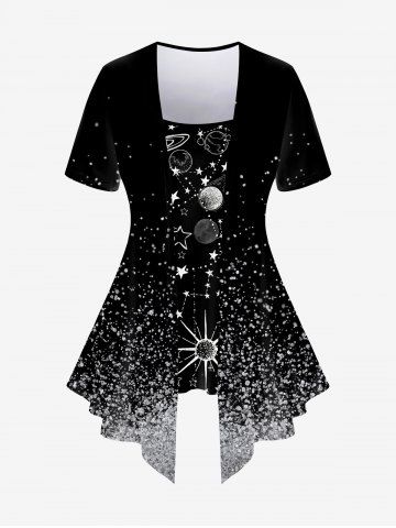 Plus Size Sparkling Sequin Galaxy Moon Sun Star Print 2 In 1 T-shirt