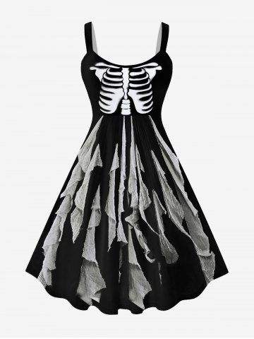 Halloween Plus Size Skeleton Tattered Wind 3D Print A Line Tank Dress - BLACK - XS