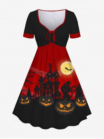 Plus Size Halloween Pumpkin Bat Moon Cat Print Cinched Dress - DEEP RED - S
