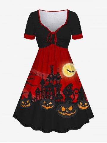 Plus Size Halloween Pumpkin Bat Moon Cat Print Cinched Dress - DEEP RED - 1X