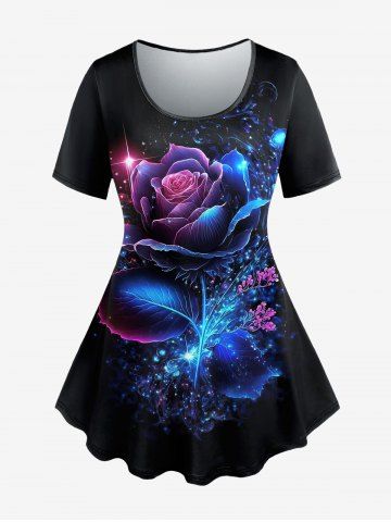 Plus Size Galaxy Flower Glitter Print T-shirt