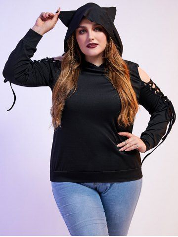 Plus Size Ears Lace Up Sleeves Pullover Hoodie - BLACK - 4X | US 26-28