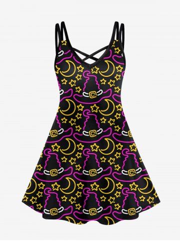 Gothic Hat Moon Star Print Crisscross Cami Dress - BLACK - XS