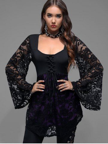 Witch Halloween Costume Lace Flare Sleeves Lace-up Two Tone T-shirt - BLACK - S | US 8