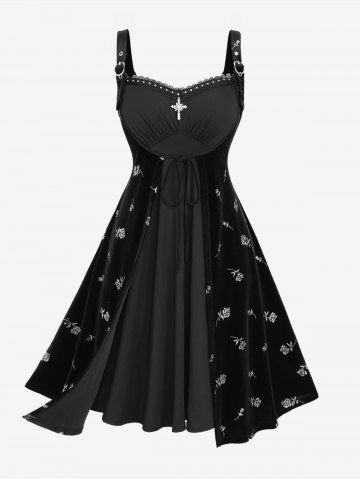 Plus Size Ruched Eyelash Lace Trim Cross Tied Glitter Rose Print Tank Dress - BLACK - 5X | US 30-32