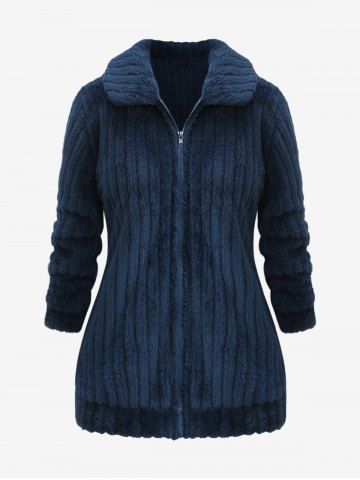 Plus Size Zip Up Textured Ribbed Shirt Collar Fluffy Coat - DEEP BLUE - XL