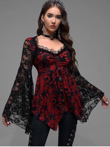Gothic Paisley Print Floral Lace Heart Buttons T-shirt - RED - 4X | US 26-28