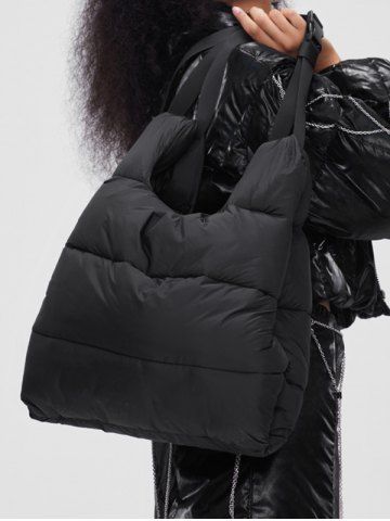 Women's Fashion Daily Statement Solid Color Down Padded Quilted Puffer Design Shoulder Bag - BLACK