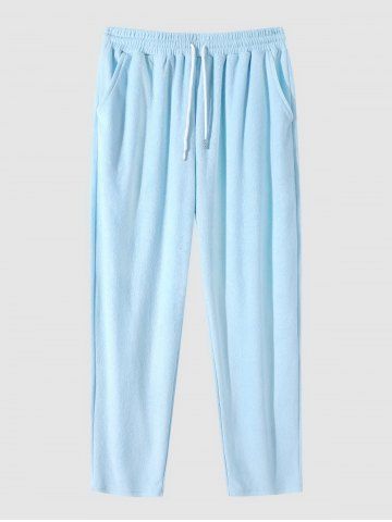 Men's Daily Casual Terry Cloth Drawstring Solid Color Straight Pants - LIGHT BLUE - S