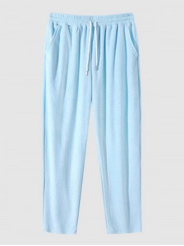 Men's Daily Casual Terry Cloth Drawstring Solid Color Straight Pants - LIGHT BLUE - M
