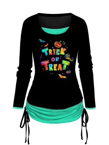 Halloween Colorful Letter Print Cinched Faux Twinset T Shirt - GREEN - XL