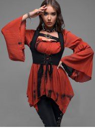 Gothic Lace Up Corset and Ruched Asymmetrical Bell Sleeves T-shirt Set -  