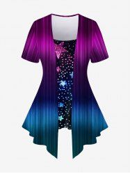 Plus Size Light Beam Sparkling Pentagram Print Ombre Asymmetric 2 in 1 T-shirt -  