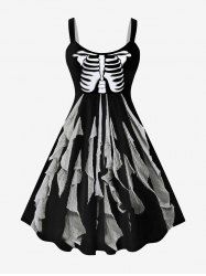 Halloween Plus Size Skeleton Tattered Wind 3D Print A Line Tank Dress -  