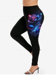 Plus Size Flower Leaf Glitter Print Leggings -  