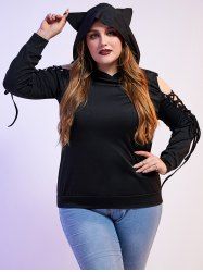 Plus Size Ears Lace Up Sleeves Pullover Hoodie -  