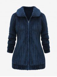 Plus Size Zip Up Textured Ribbed Shirt Collar Fluffy Coat -  