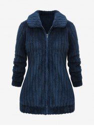 Manteau Côtelé Texturé Zippé de Grande Taille à Col Chemise - Bleu profond M