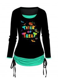 T-shirt D'Halloween à Imprimé Lettre Colorée Faux Deux Pièces - Vert M