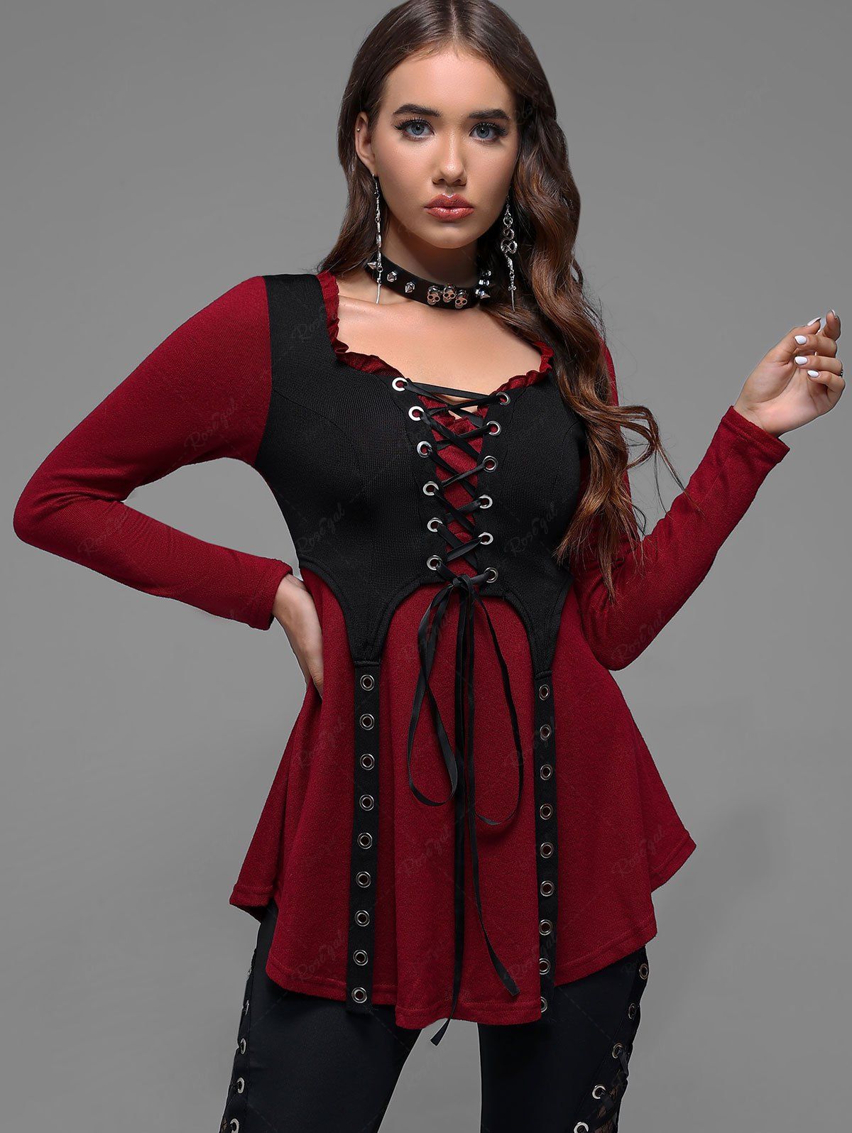 Store Plus Size Lace Up Grommet Ruffles Colorblock Long Sleeves Tee  