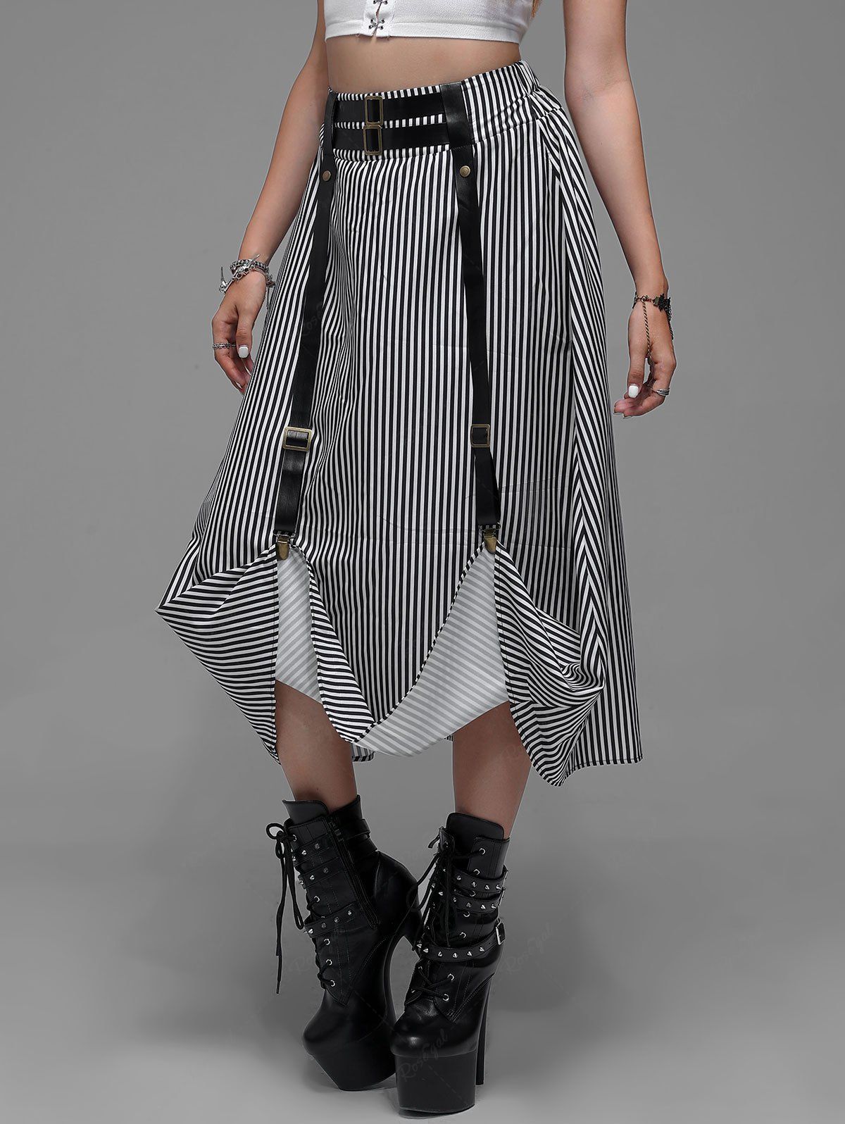 Outfits Gothic Striped PU Strap A Line Maxi Skirt  