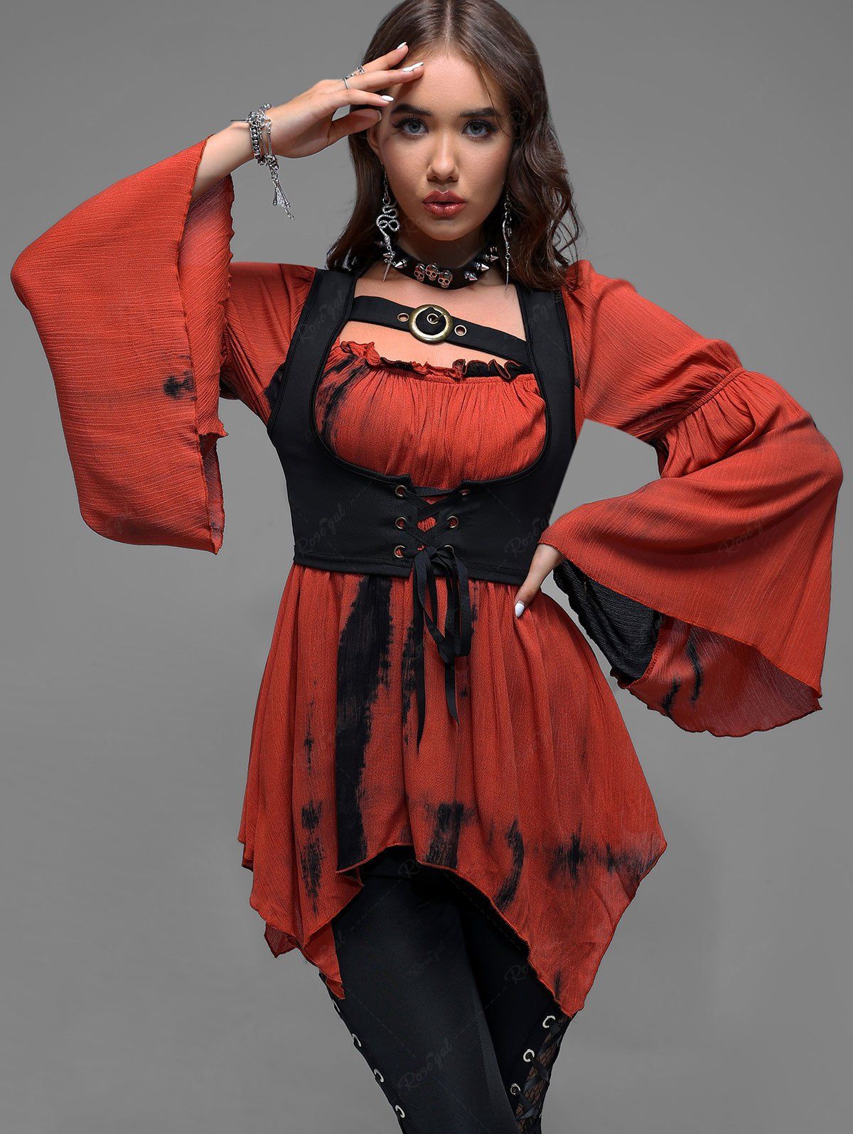 Trendy Gothic Lace Up Corset and Ruched Asymmetrical Bell Sleeves T-shirt Set  
