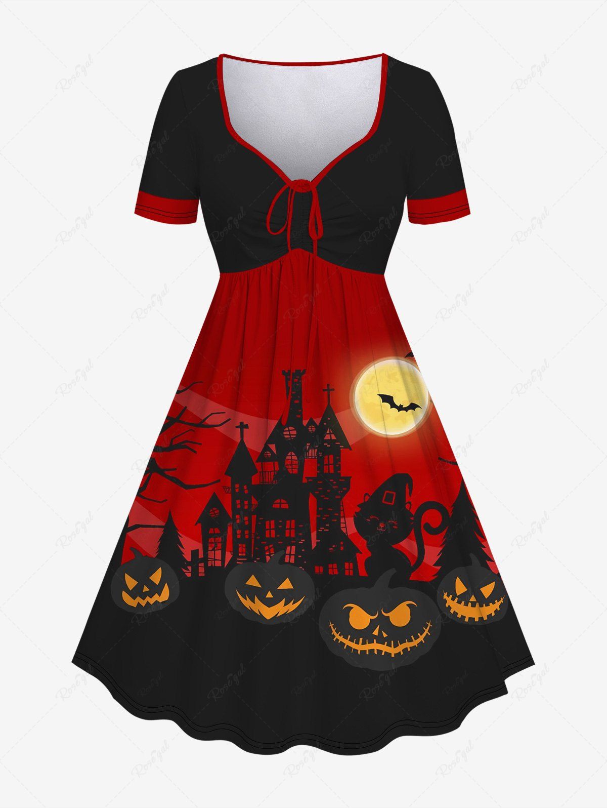 Unique Plus Size Halloween Pumpkin Bat Moon Cat Print Cinched Dress  
