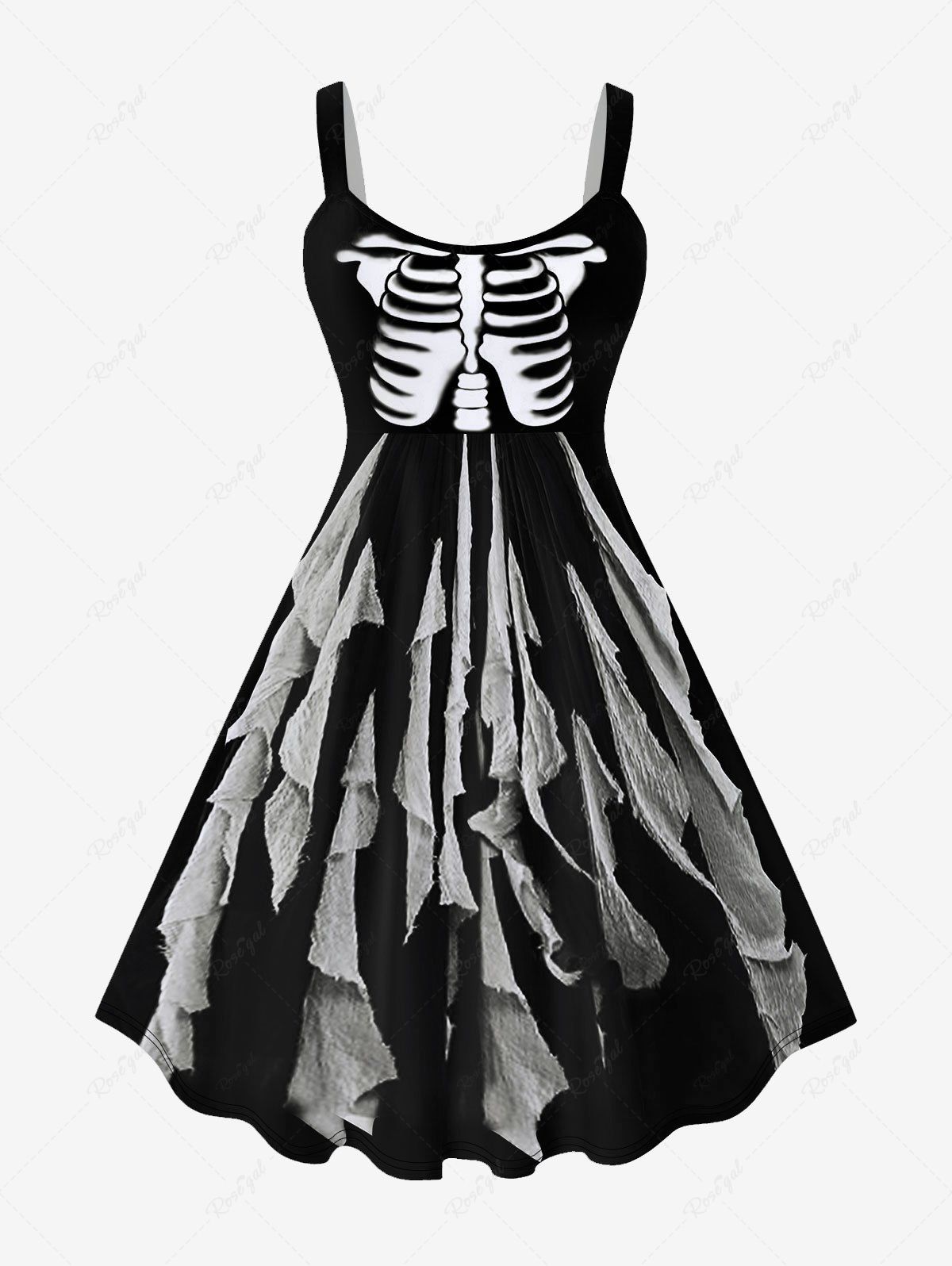 Robe D'Halloween Epaulde Dénudée Squelette Gland Imprimée Grande Taille Noir 6X