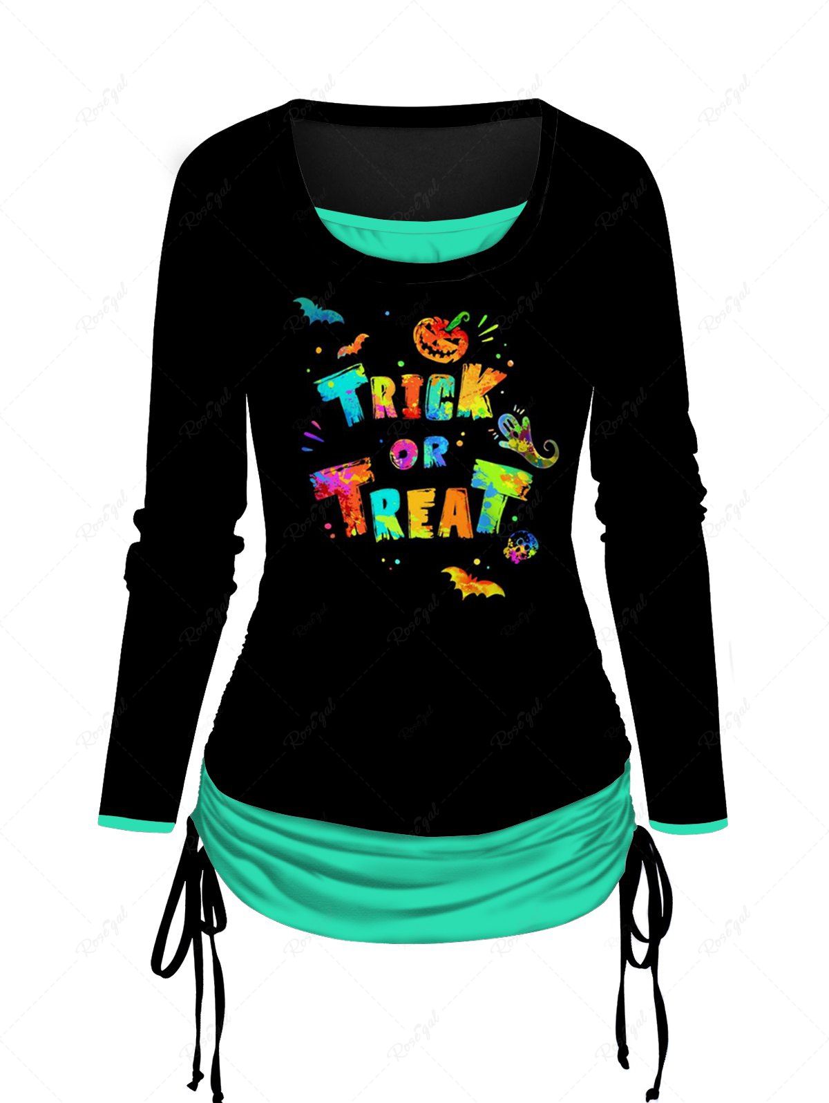 Store Halloween Colorful Letter Print Cinched Faux Twinset T Shirt  