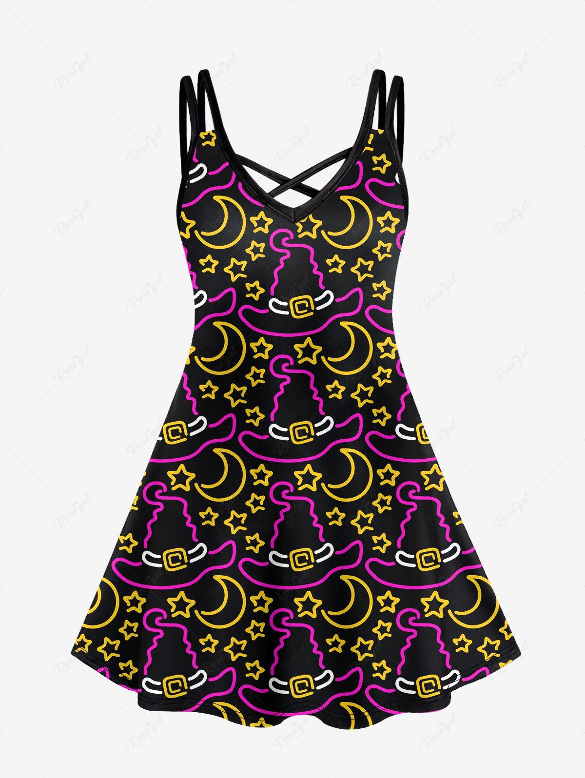 Outfit Gothic Hat Moon Star Print Crisscross Cami Dress  