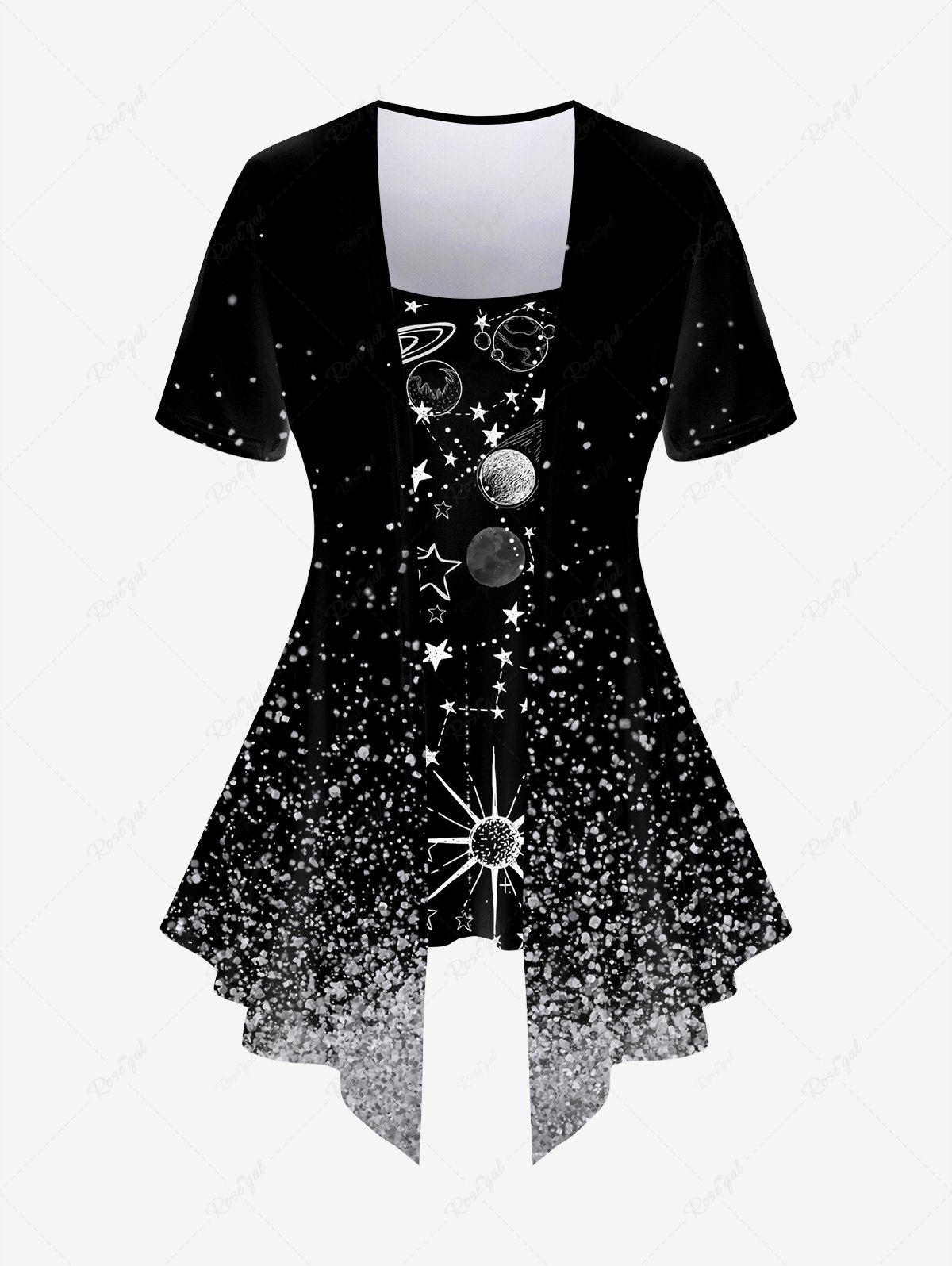 Trendy Plus Size Sparkling Sequin Galaxy Moon Sun Star Print 2 In 1 T-shirt  